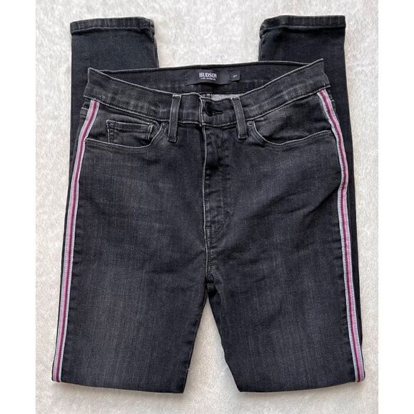 Hudson Jeans Barbara High Rise Track Stripe Super Skinny Jeans in Dark Raven - Picture 9 of 16
